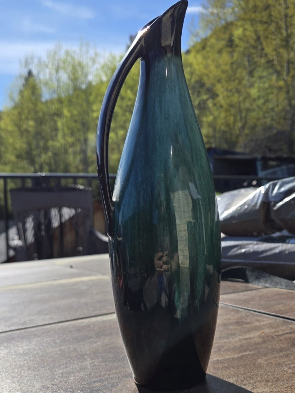 Blue Mountain Pottery Pitcher Green Black Drip Glaze MCM Canada Ewer 12" Vase - Picture 2 of 9